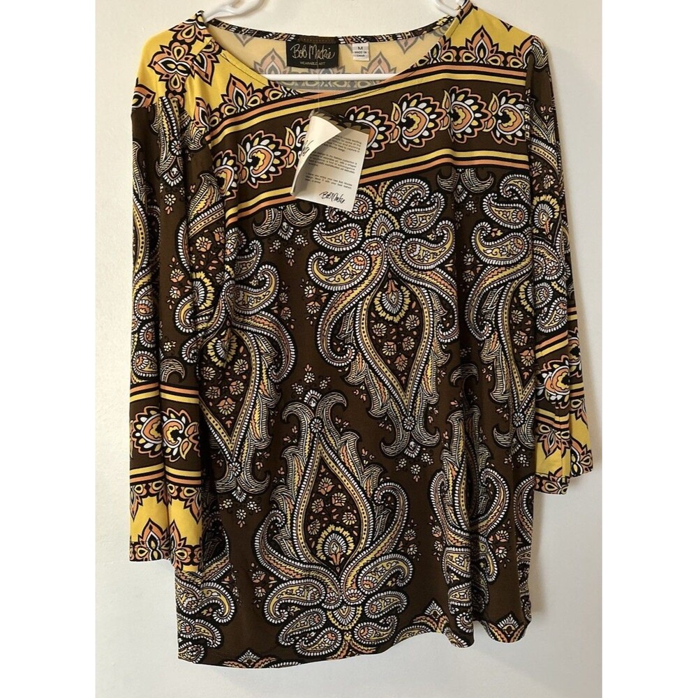 Bob Mackie M Top Tunic Wearable Art Brown  LongSleeve Boho Eclectic Paisley Fall